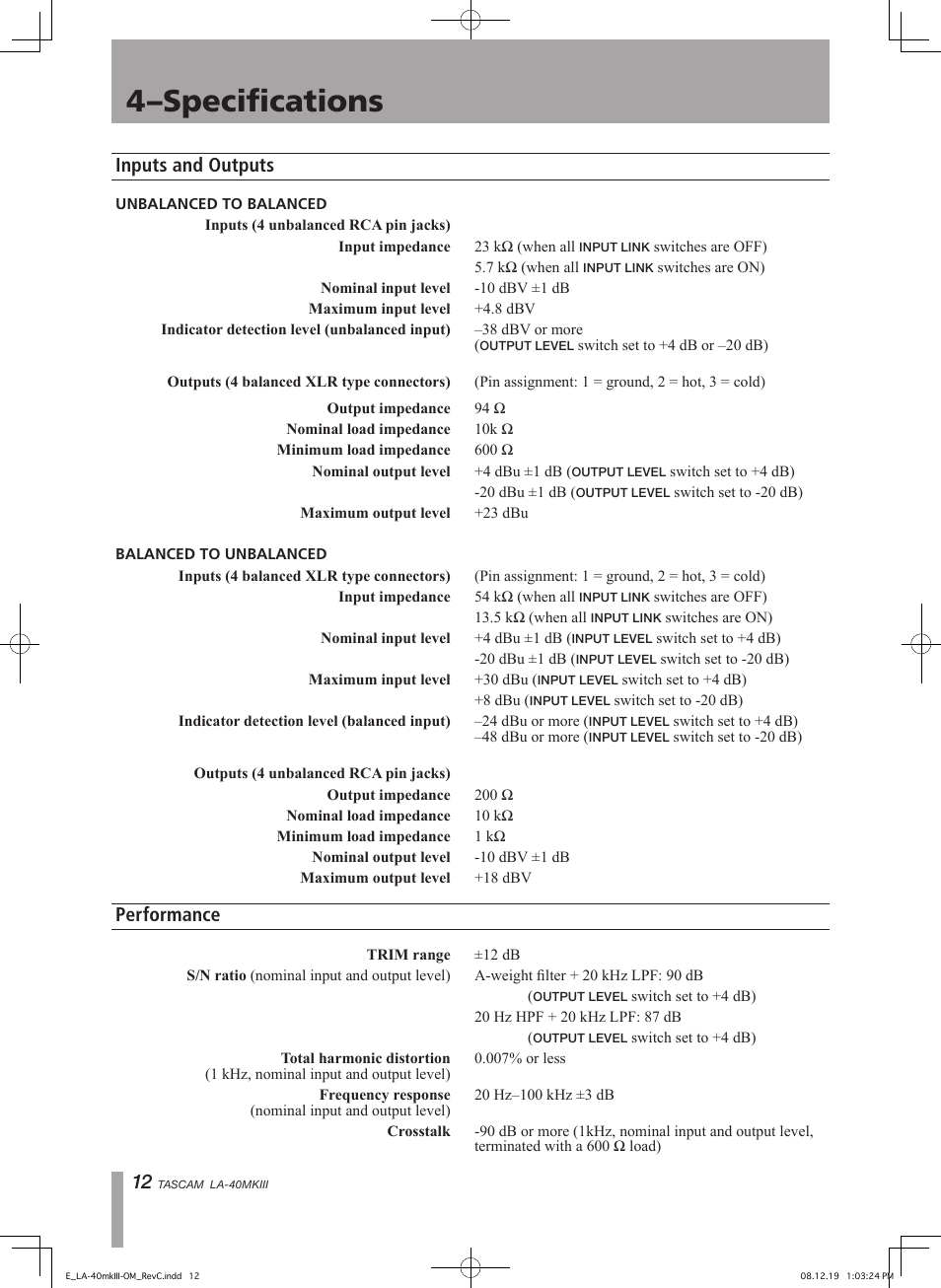 4–specifications, Inputs and outputs, Performance | Teac LA-40MKIII User Manual | Page 12 / 16