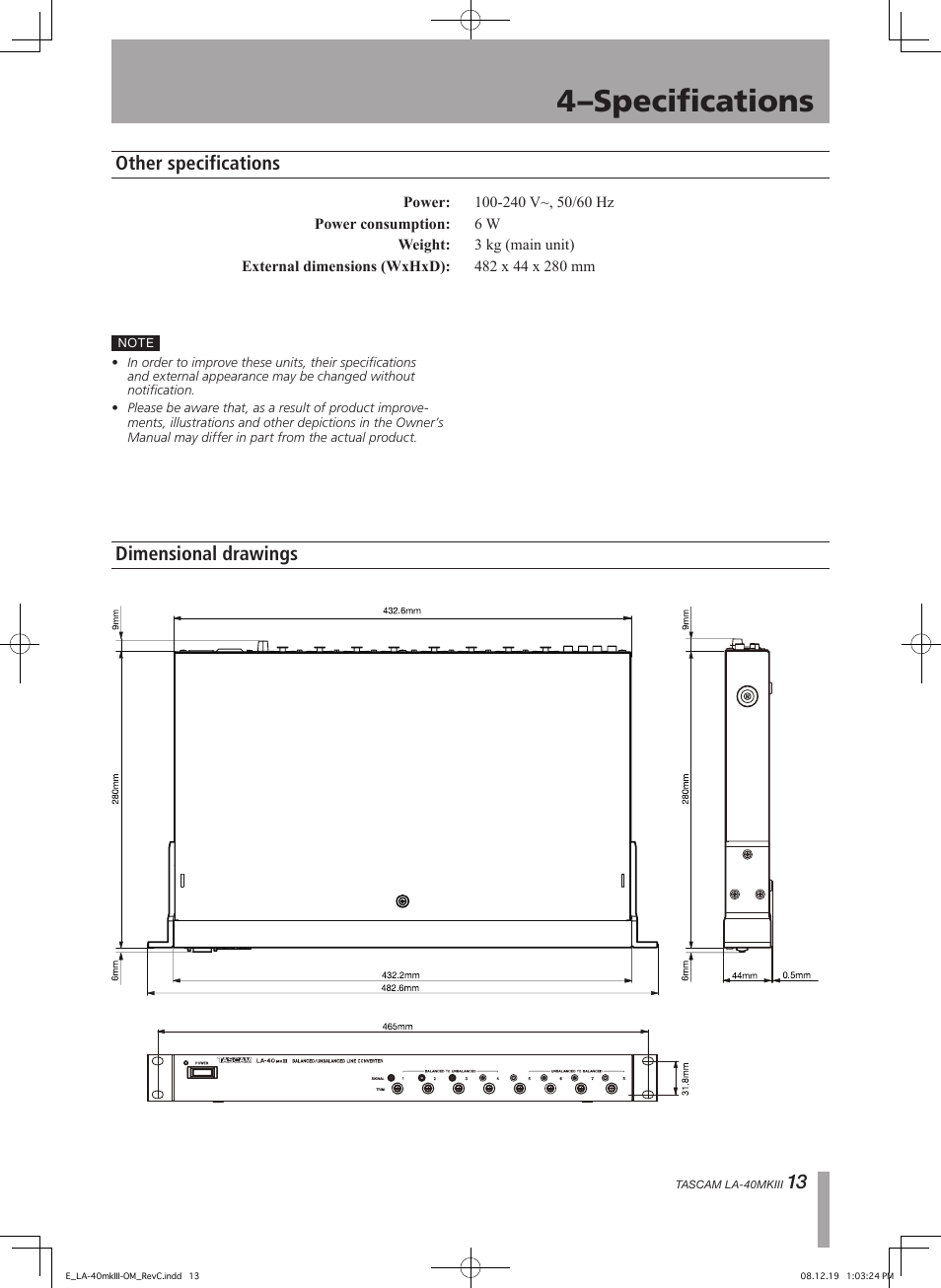 4–specifications, 13 other specifications, Dimensional drawings | Teac LA-40MKIII User Manual | Page 13 / 16