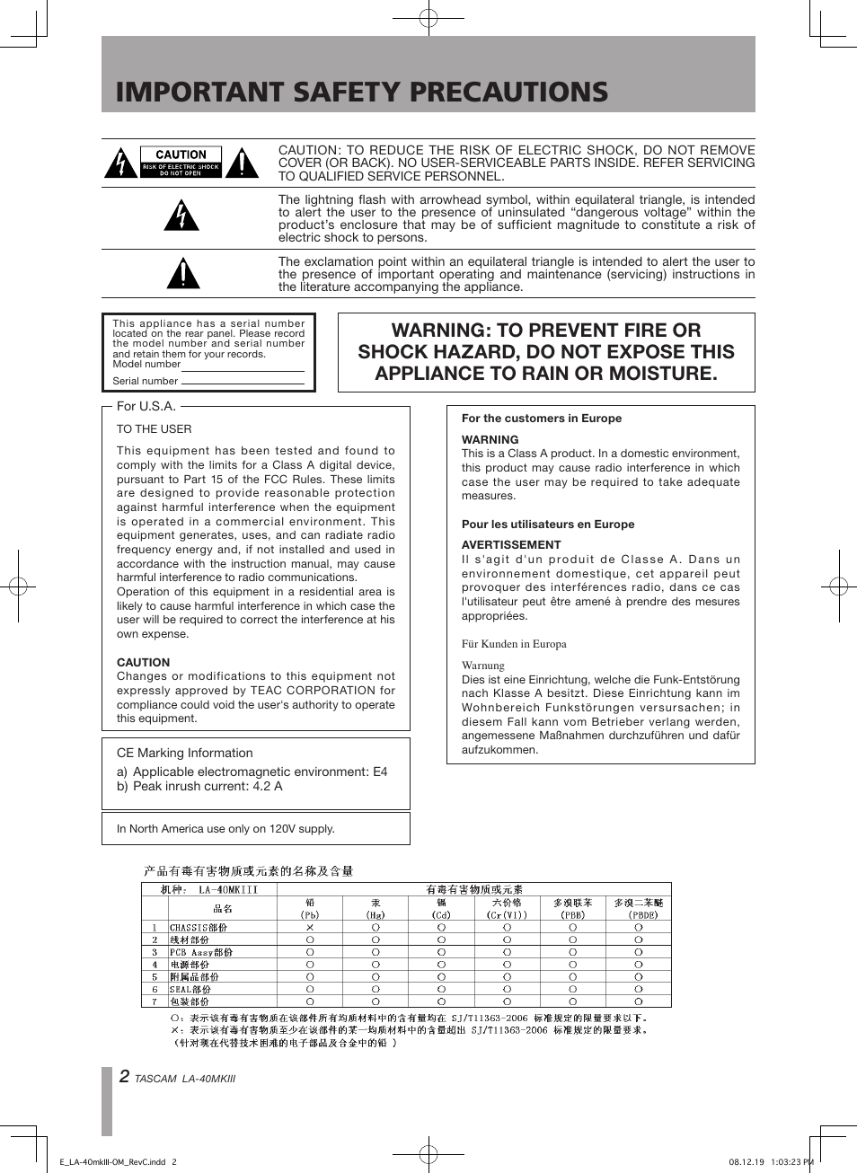 Important safety precautions | Teac LA-40MKIII User Manual | Page 2 / 16