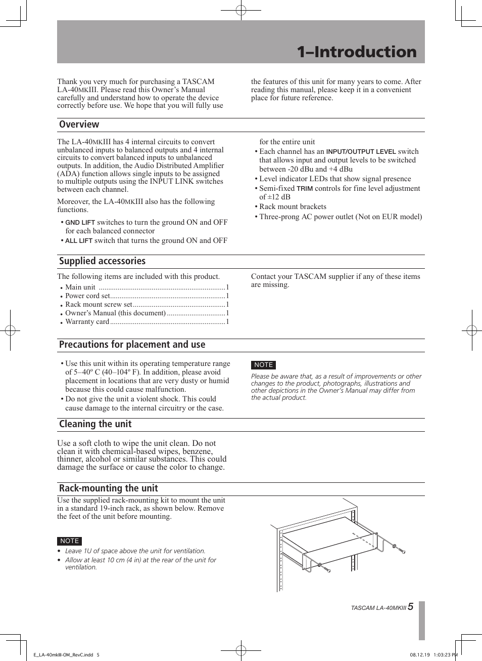 1–introduction, Overview supplied accessories, Rack-mounting the unit | Teac LA-40MKIII User Manual | Page 5 / 16