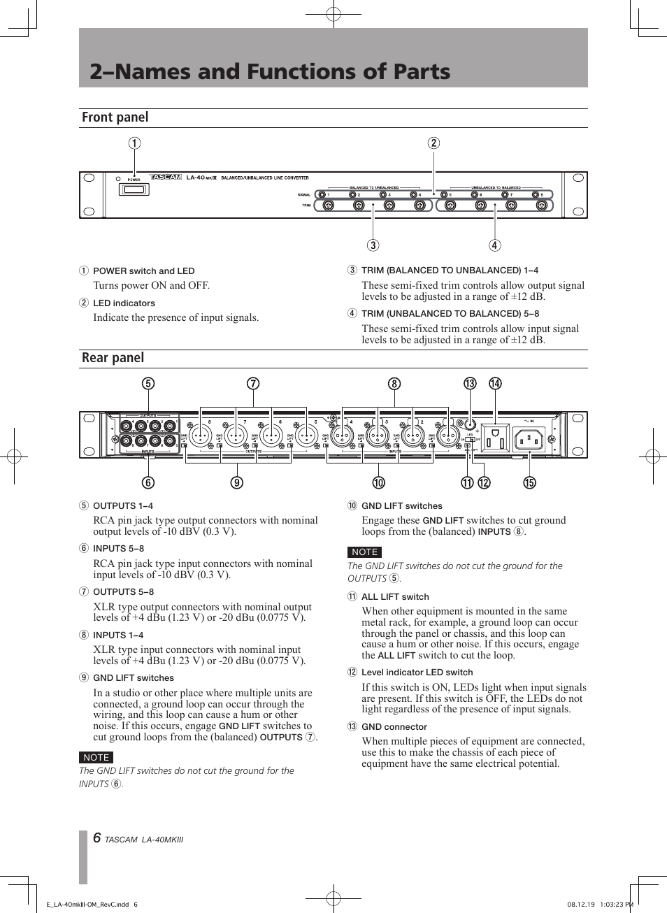 2–names and functions of parts, Front panel, Rear panel | Teac LA-40MKIII User Manual | Page 6 / 16