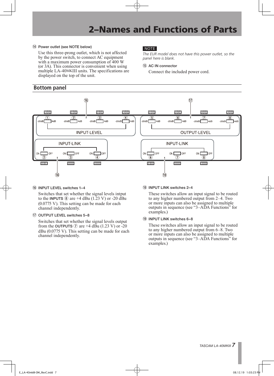 2–names and functions of parts, Bottom panel | Teac LA-40MKIII User Manual | Page 7 / 16