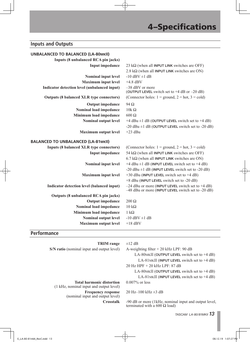 4–specifications, Inputs and outputs, Performance | Teac LA-80MKII User Manual | Page 13 / 16