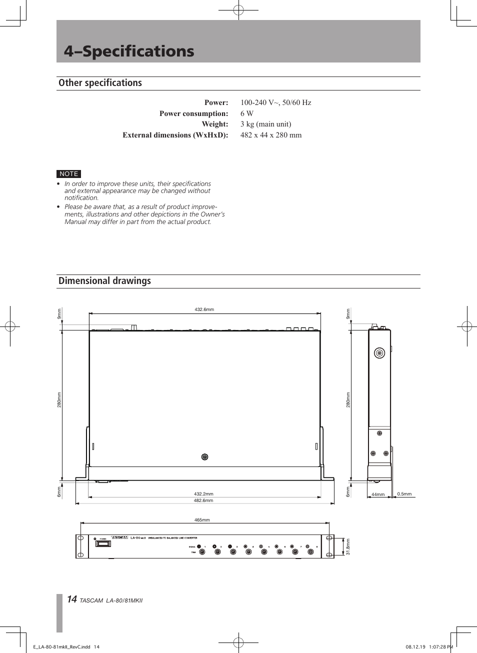 4–specifications, Other specifications, Dimensional drawings | Teac LA-80MKII User Manual | Page 14 / 16