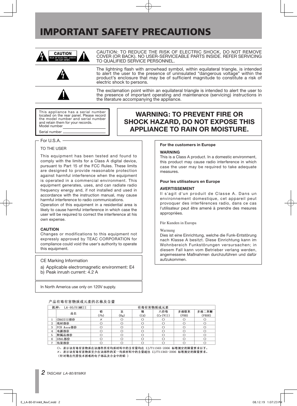 Important safety precautions | Teac LA-80MKII User Manual | Page 2 / 16