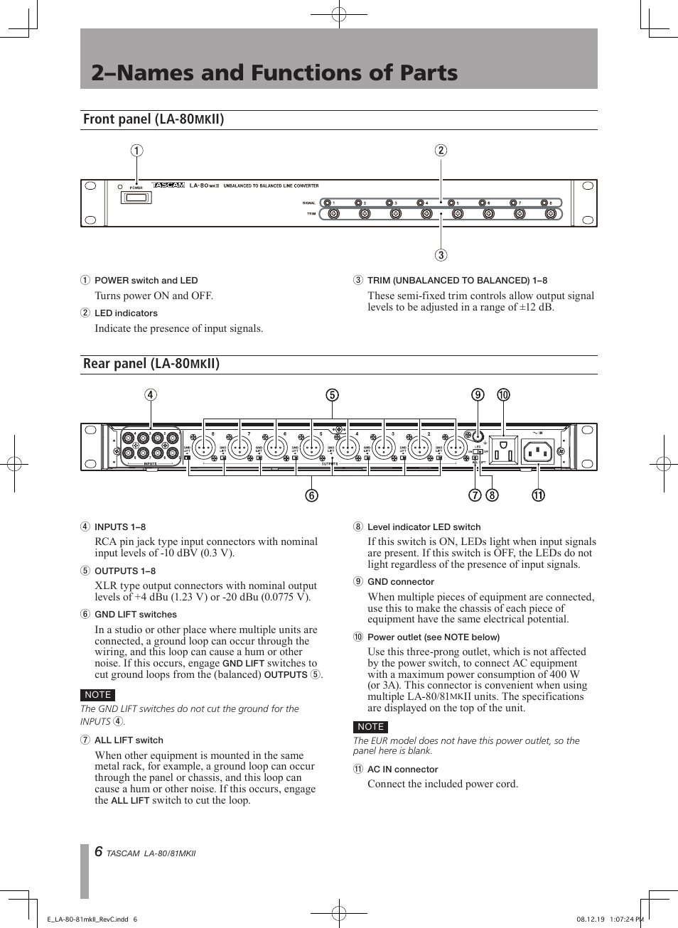 2–names and functions of parts, Front panel (la-80, Rear panel (la-80 | Teac LA-80MKII User Manual | Page 6 / 16