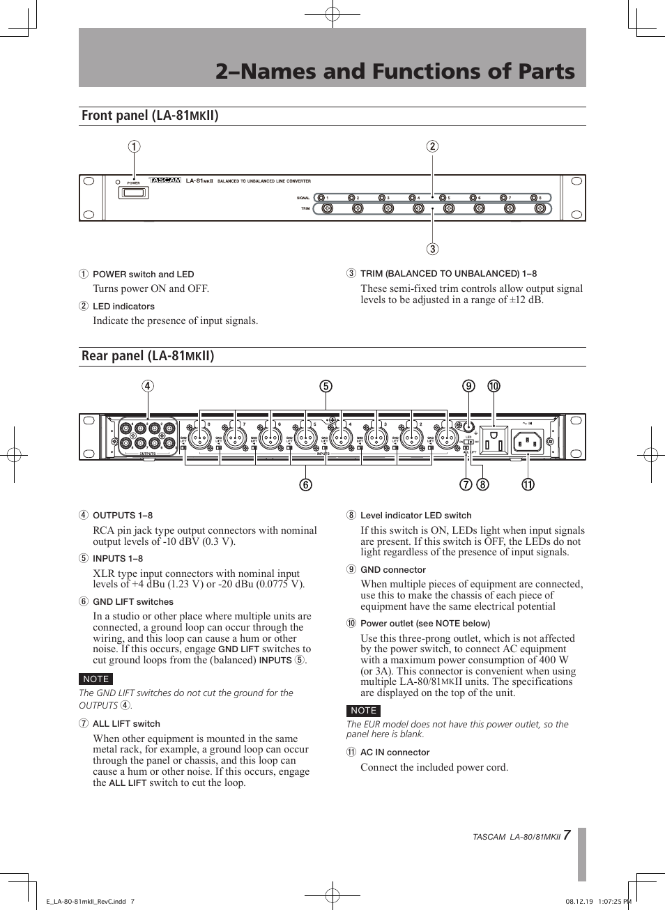 2–names and functions of parts, 7front panel (la-81, Rear panel (la-81 | Teac LA-80MKII User Manual | Page 7 / 16