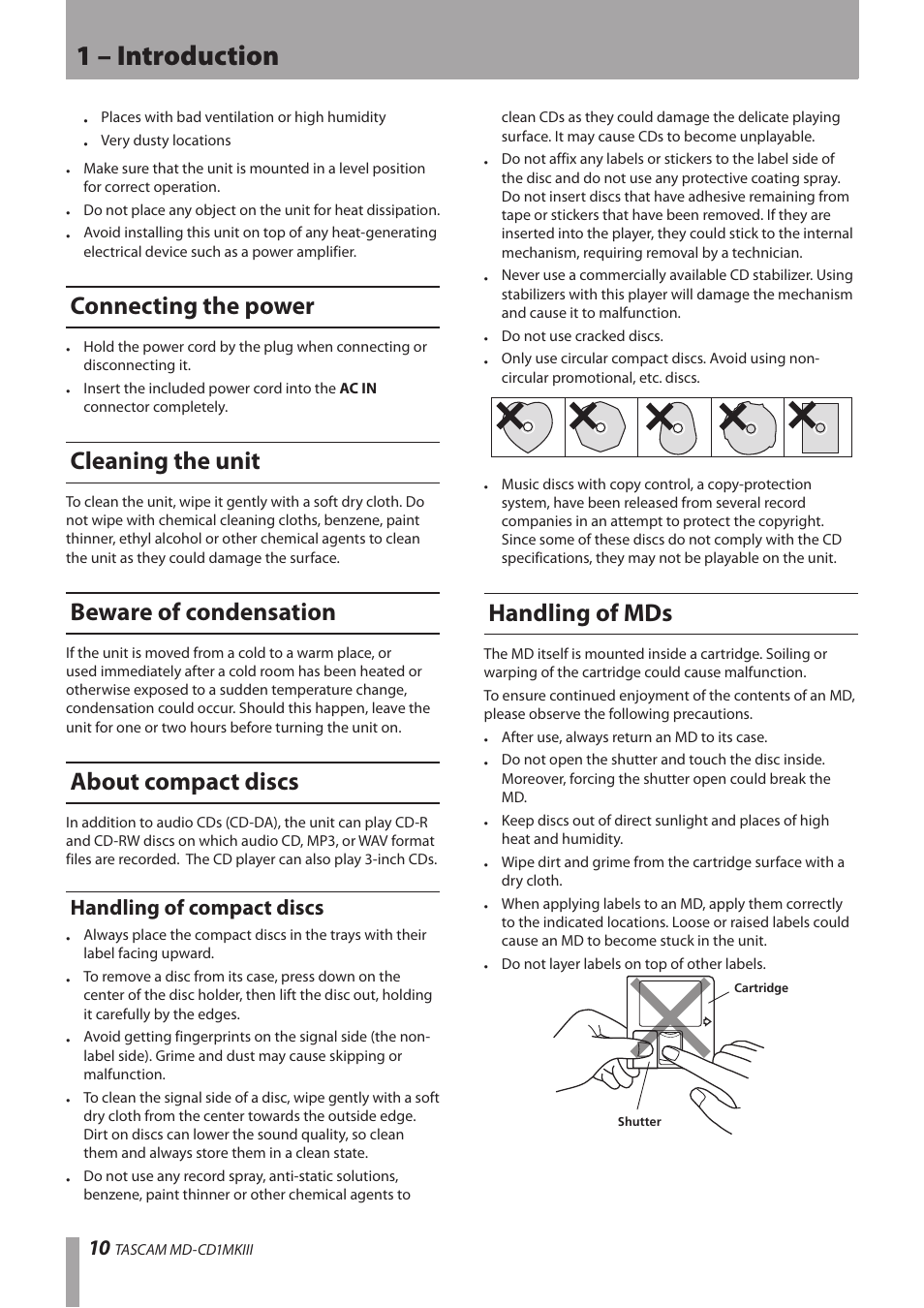 Connecting the power, Cleaning the unit, Beware of condensation | About compact discs, Handling of compact discs, Handling of mds, 1 – introduction | Teac MD-CD1MKIII User Manual | Page 10 / 56