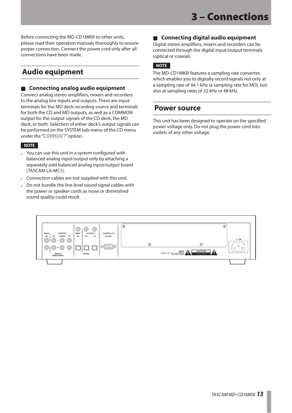 3 – connections, Audio equipment, Power source | Audio equipment power source | Teac MD-CD1MKIII User Manual | Page 13 / 56