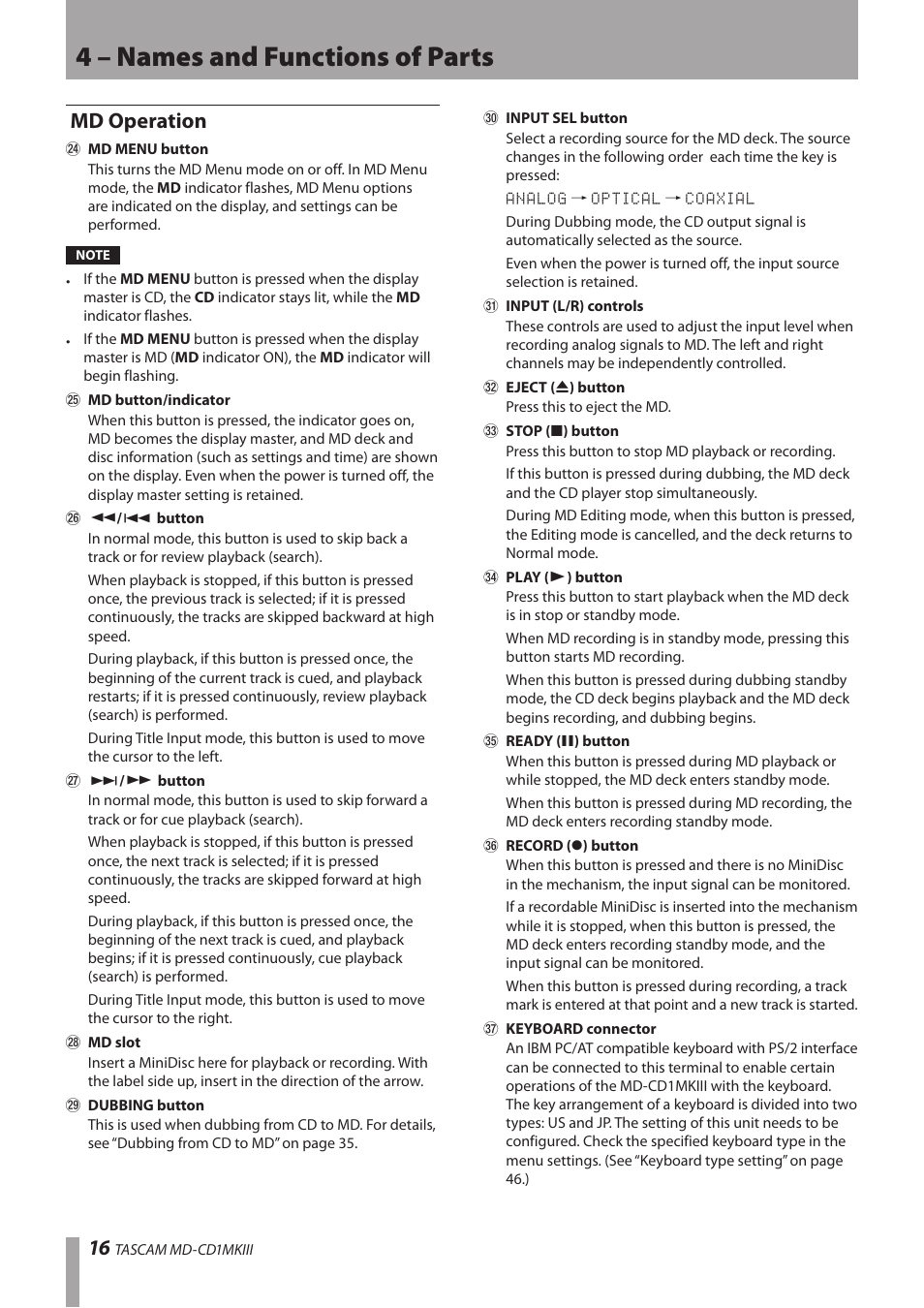 Md operation, 4 – names and functions of parts | Teac MD-CD1MKIII User Manual | Page 16 / 56