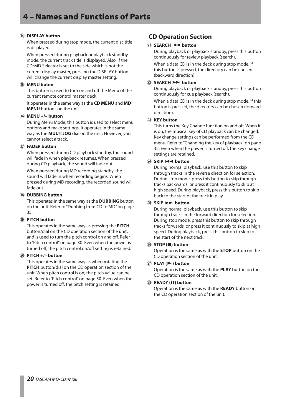 Cd operation section, 4 – names and functions of parts | Teac MD-CD1MKIII User Manual | Page 20 / 56