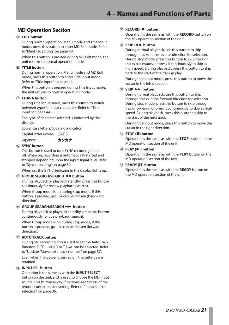 Md operation section, 4 – names and functions of parts | Teac MD-CD1MKIII User Manual | Page 21 / 56