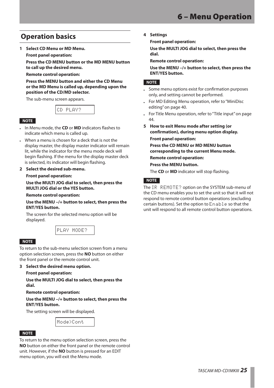 Operation basics, 6 – menu operation | Teac MD-CD1MKIII User Manual | Page 25 / 56