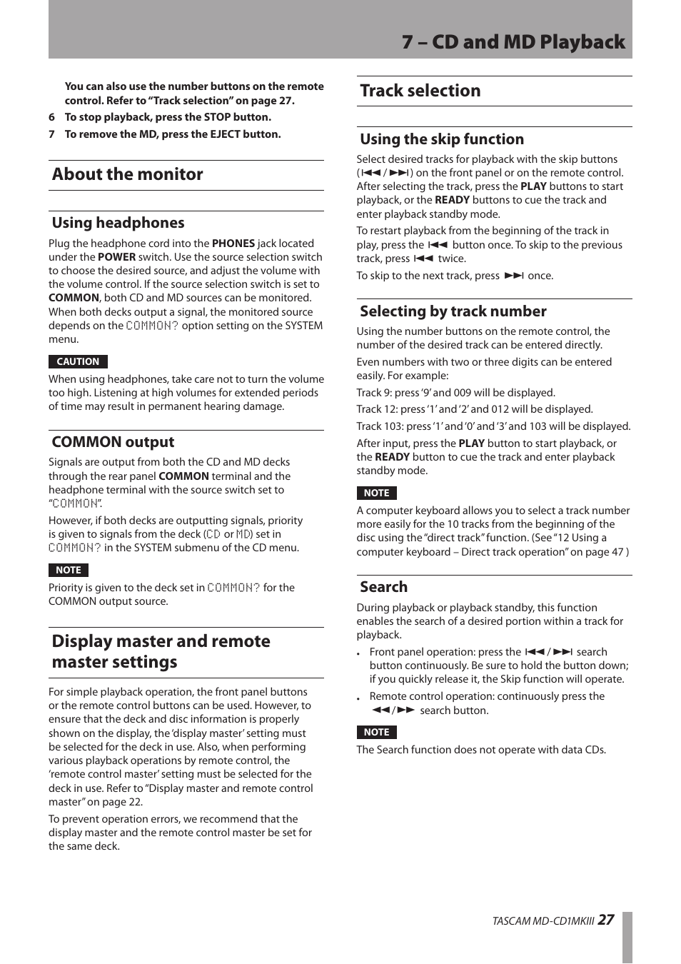 About the monitor, Using headphones, Common output | Display master and remote master settings, Track selection, Using the skip function, Selecting by track number, Search, Using headphones common output, 7 – cd and md playback | Teac MD-CD1MKIII User Manual | Page 27 / 56