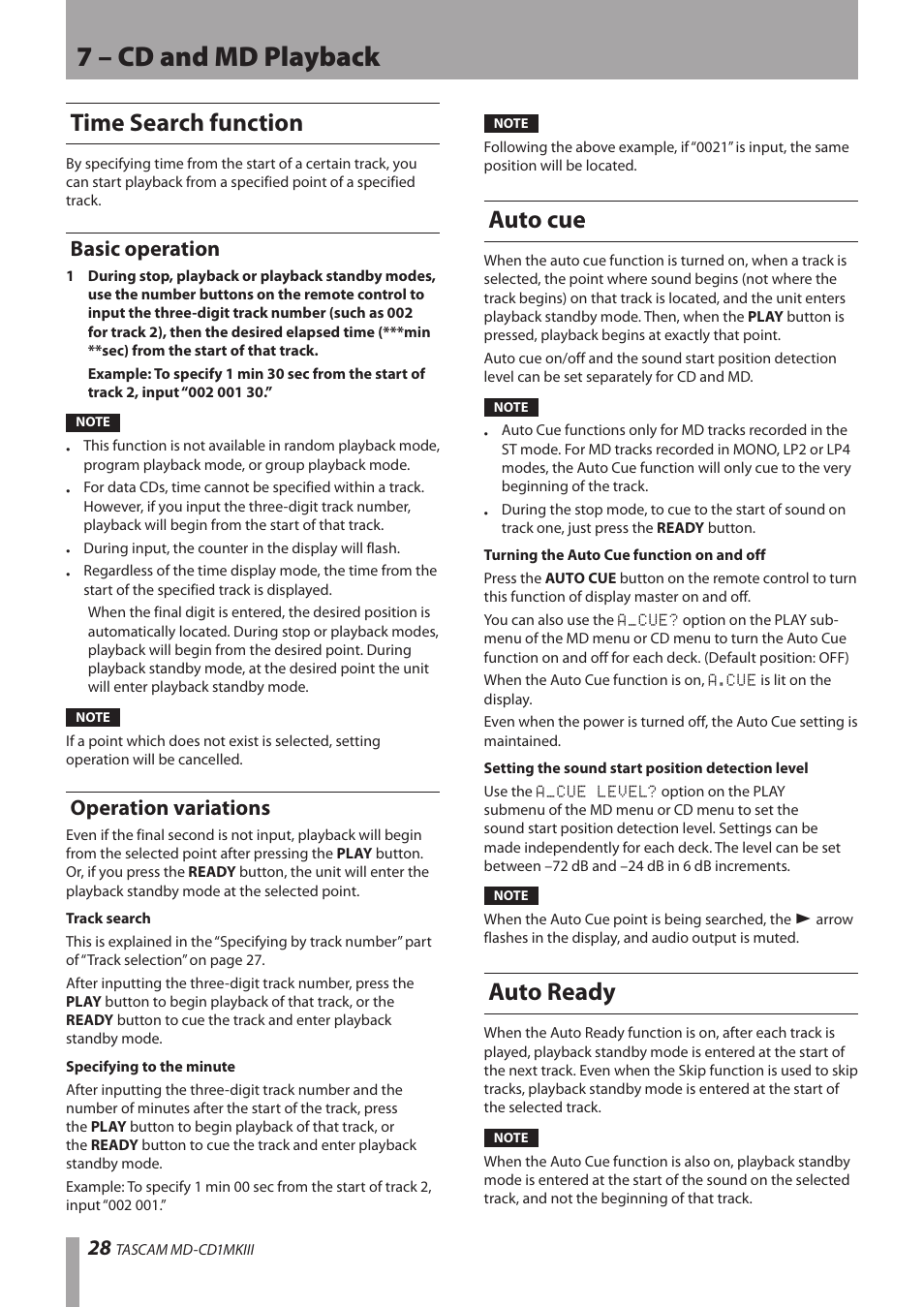 Time search function, Basic operation, Operation variations | Auto cue, Auto ready, Basic operation operation variations, Auto cue auto ready, 7 – cd and md playback | Teac MD-CD1MKIII User Manual | Page 28 / 56