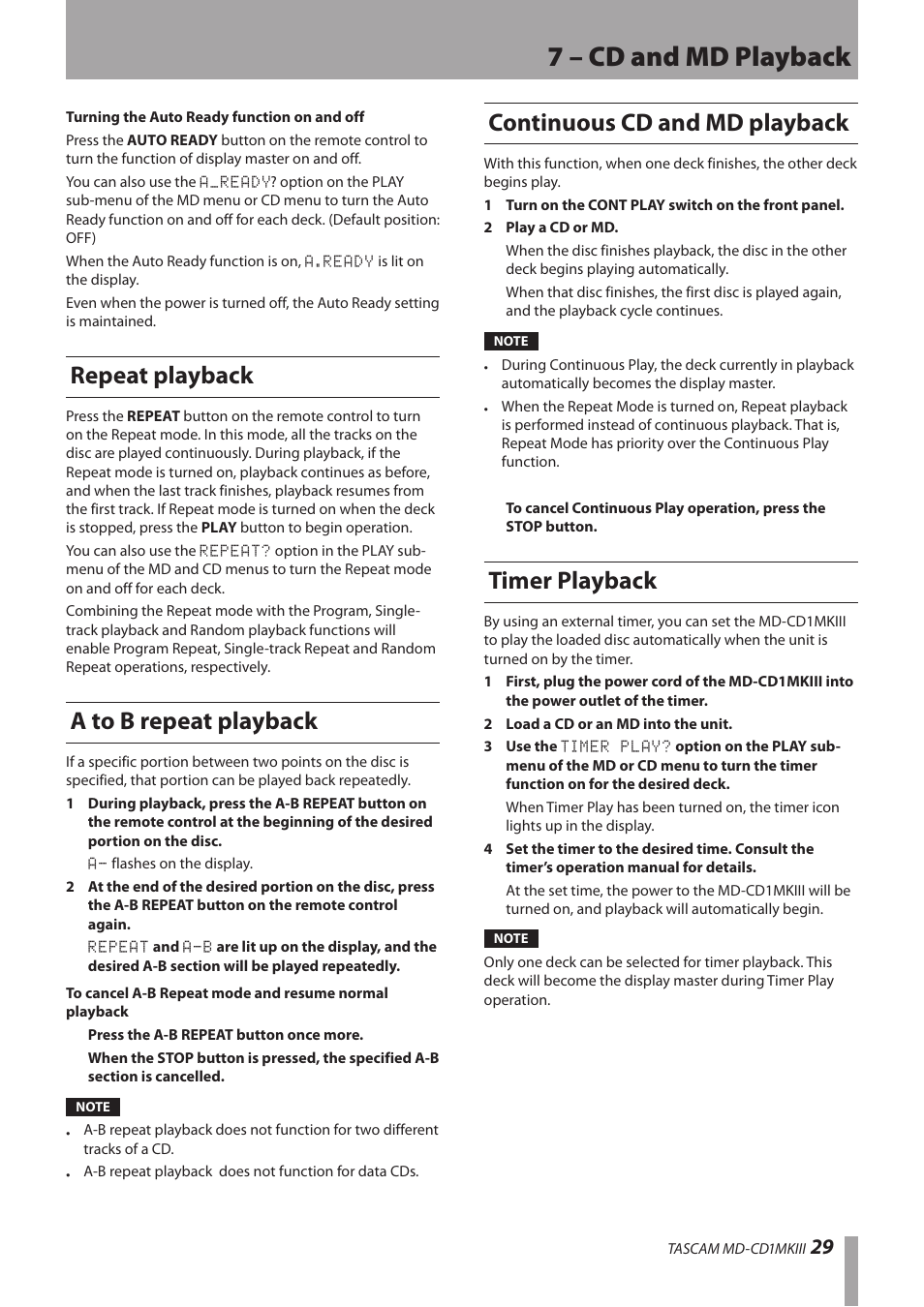 Repeat playback, A to b repeat playback, Continuous cd and md playback | Timer playback, 7 – cd and md playback | Teac MD-CD1MKIII User Manual | Page 29 / 56