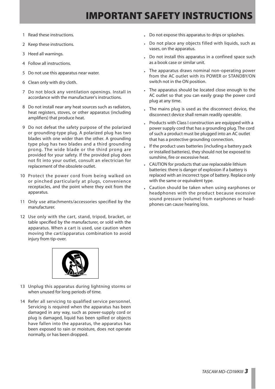 Important safety instructions | Teac MD-CD1MKIII User Manual | Page 3 / 56