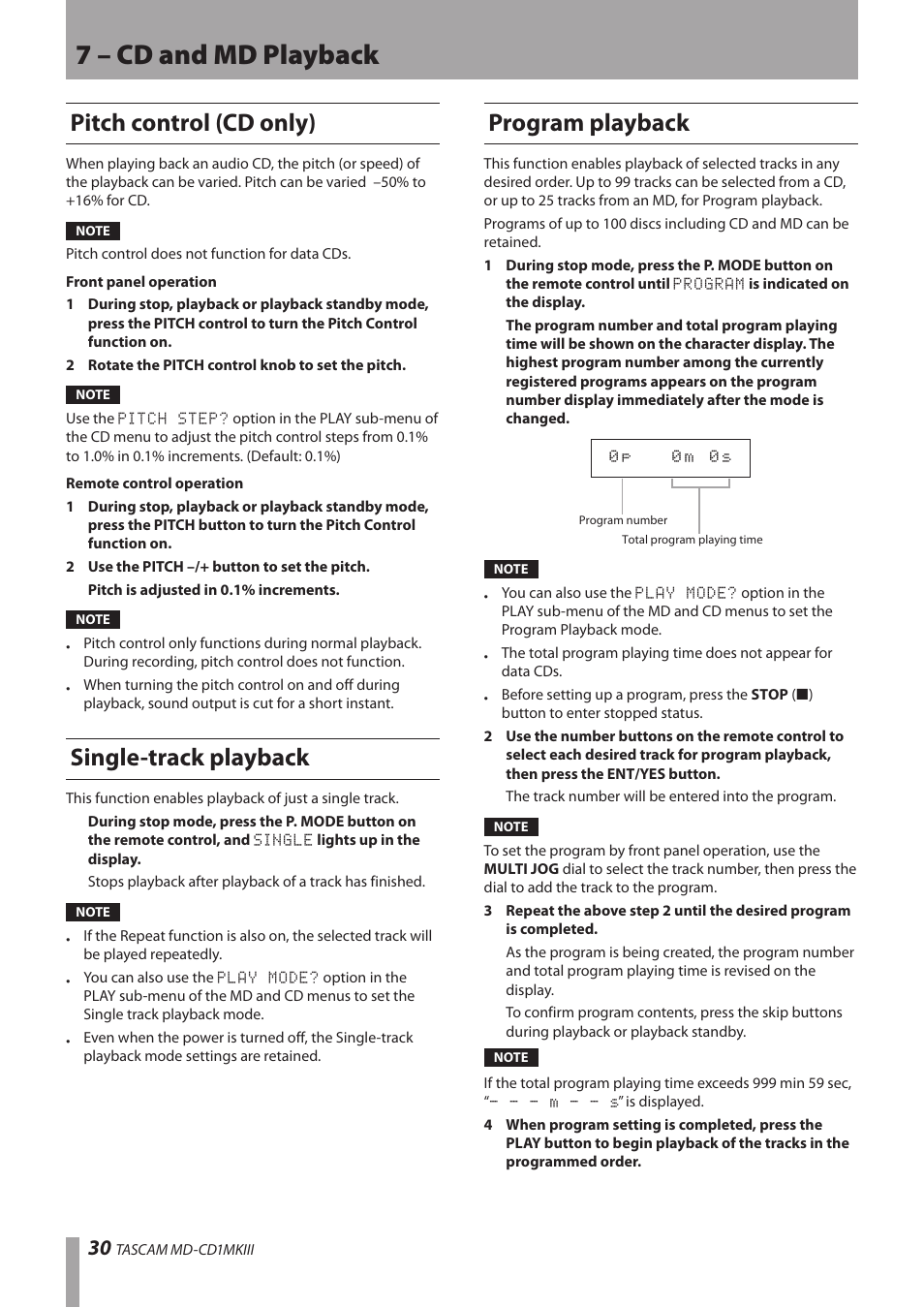 Pitch control (cd only), Single-track playback, Program playback | 7 – cd and md playback | Teac MD-CD1MKIII User Manual | Page 30 / 56