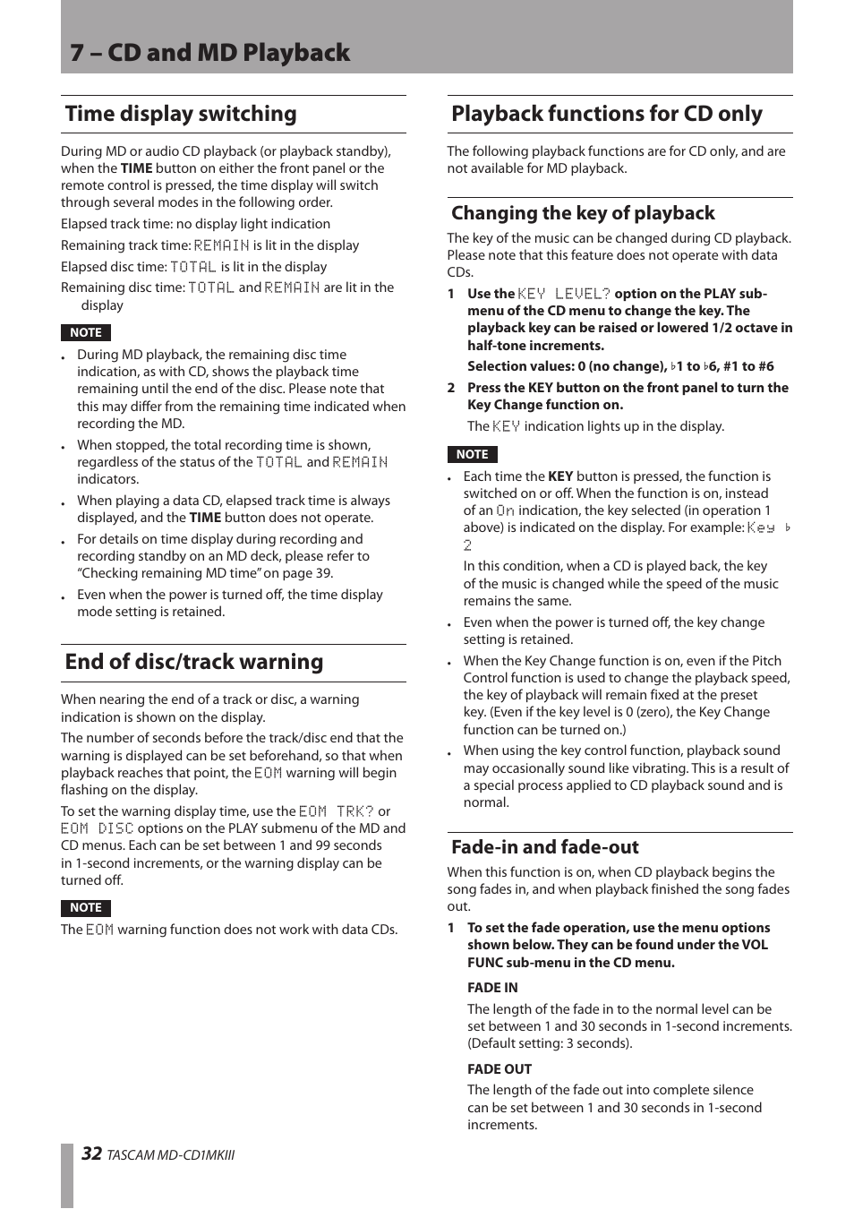 Time display switching, End of disc/track warning, Playback functions for cd only | Changing the key of playback, Fade-in and fade-out, Changing the key of playback fade-in and fade-out, 7 – cd and md playback | Teac MD-CD1MKIII User Manual | Page 32 / 56