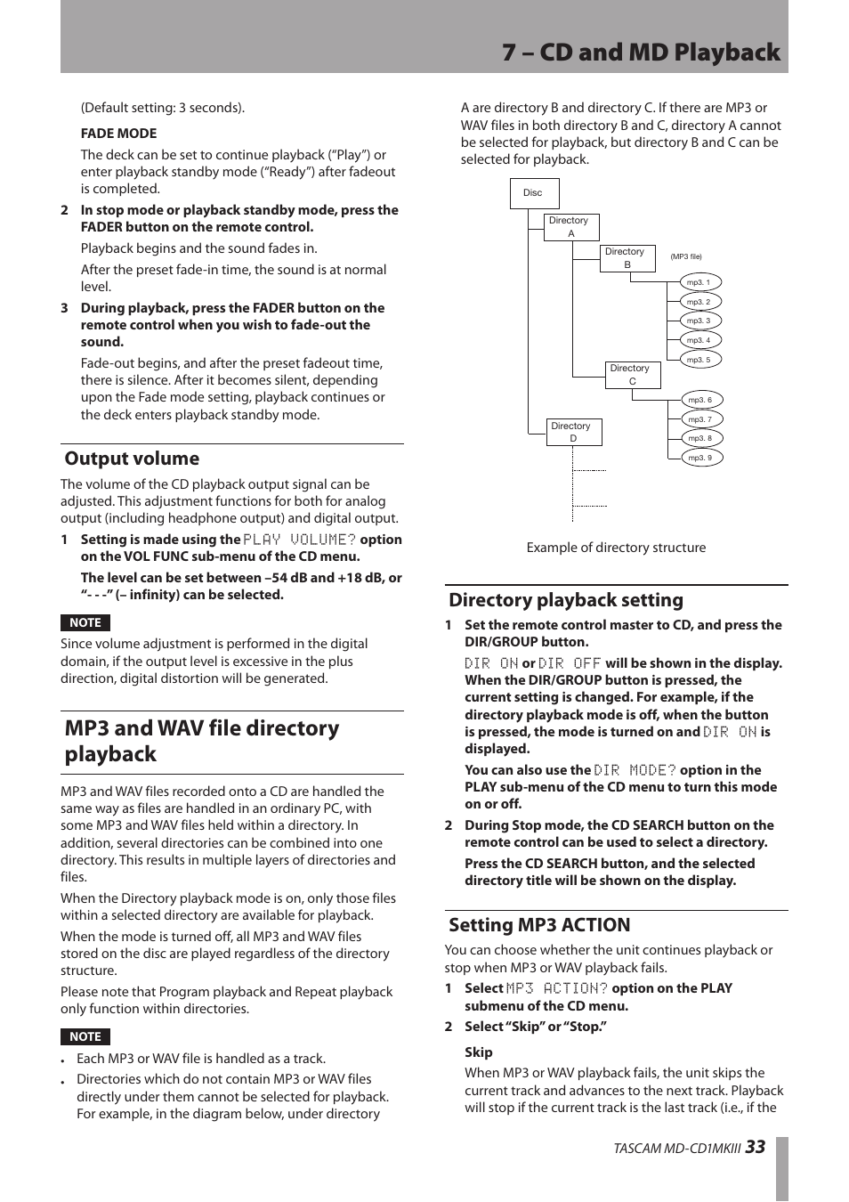 Output volume, Mp3 and wav file directory playback, Directory playback setting | Setting mp3 action, Directory playback setting setting mp3 action, 7 – cd and md playback | Teac MD-CD1MKIII User Manual | Page 33 / 56