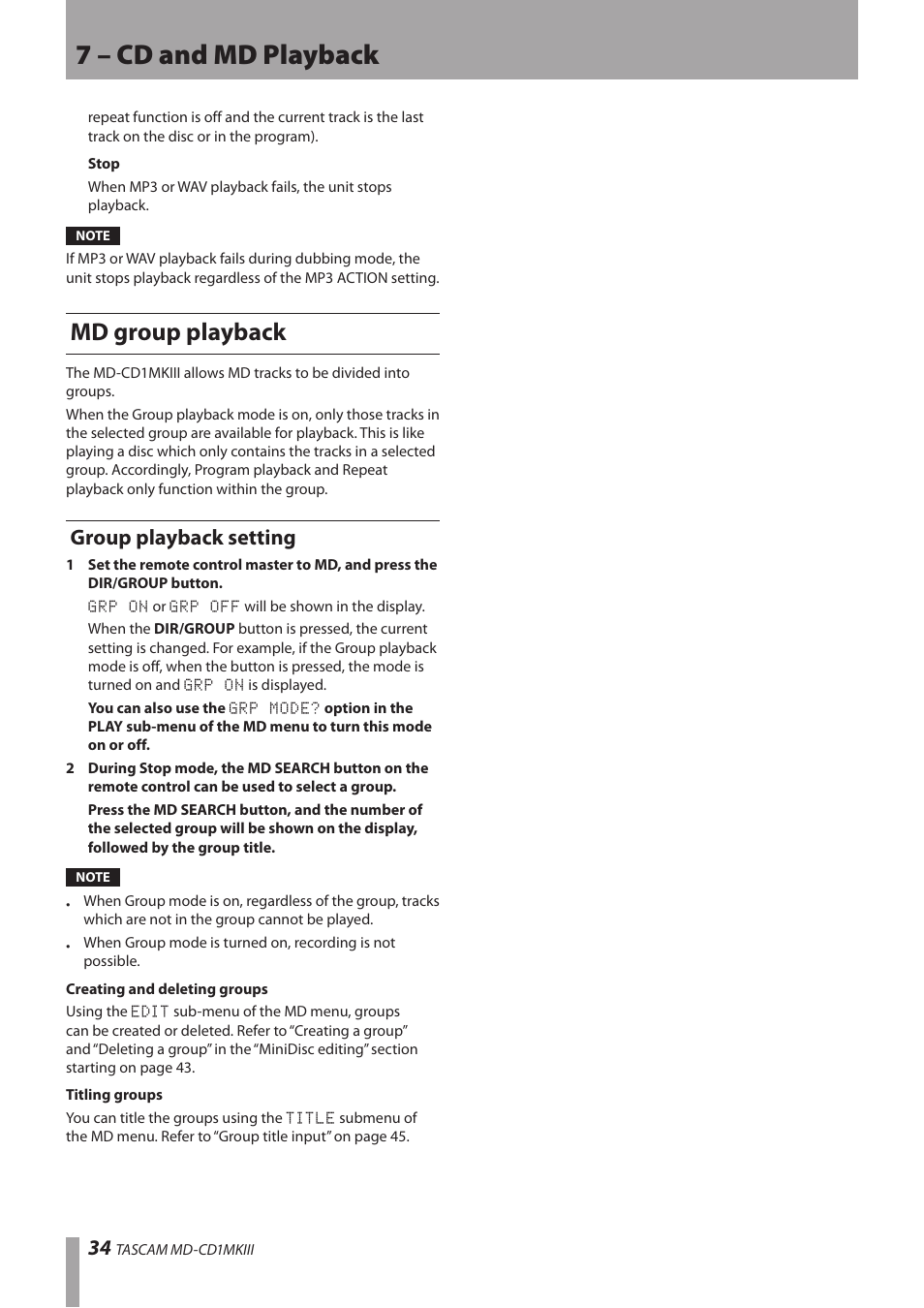 Md group playback, Group playback setting, 7 – cd and md playback | Teac MD-CD1MKIII User Manual | Page 34 / 56