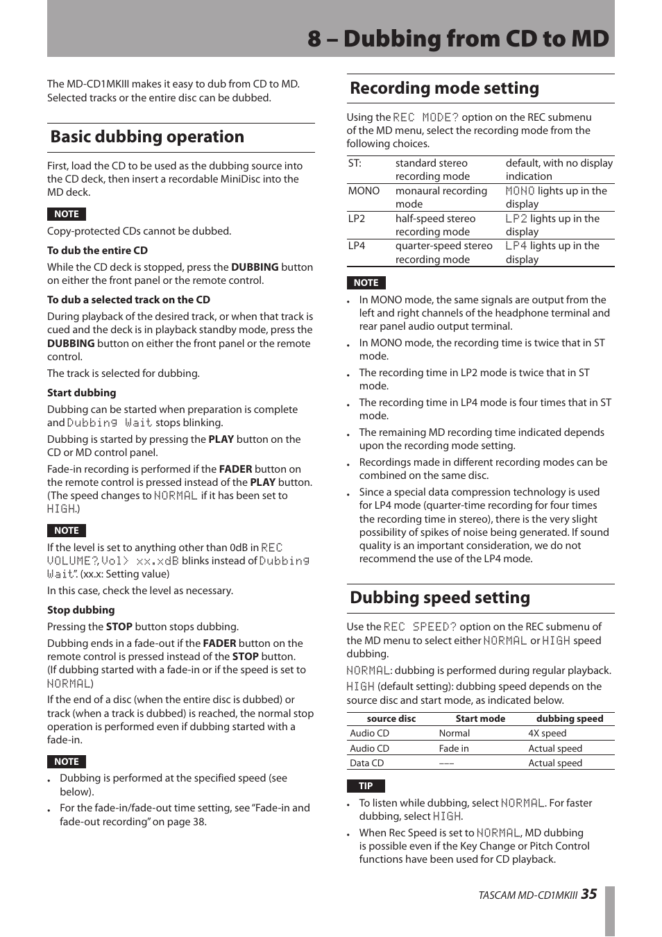 8 – dubbing from cd to md, Basic dubbing operation, Recording mode setting | Dubbing speed setting | Teac MD-CD1MKIII User Manual | Page 35 / 56