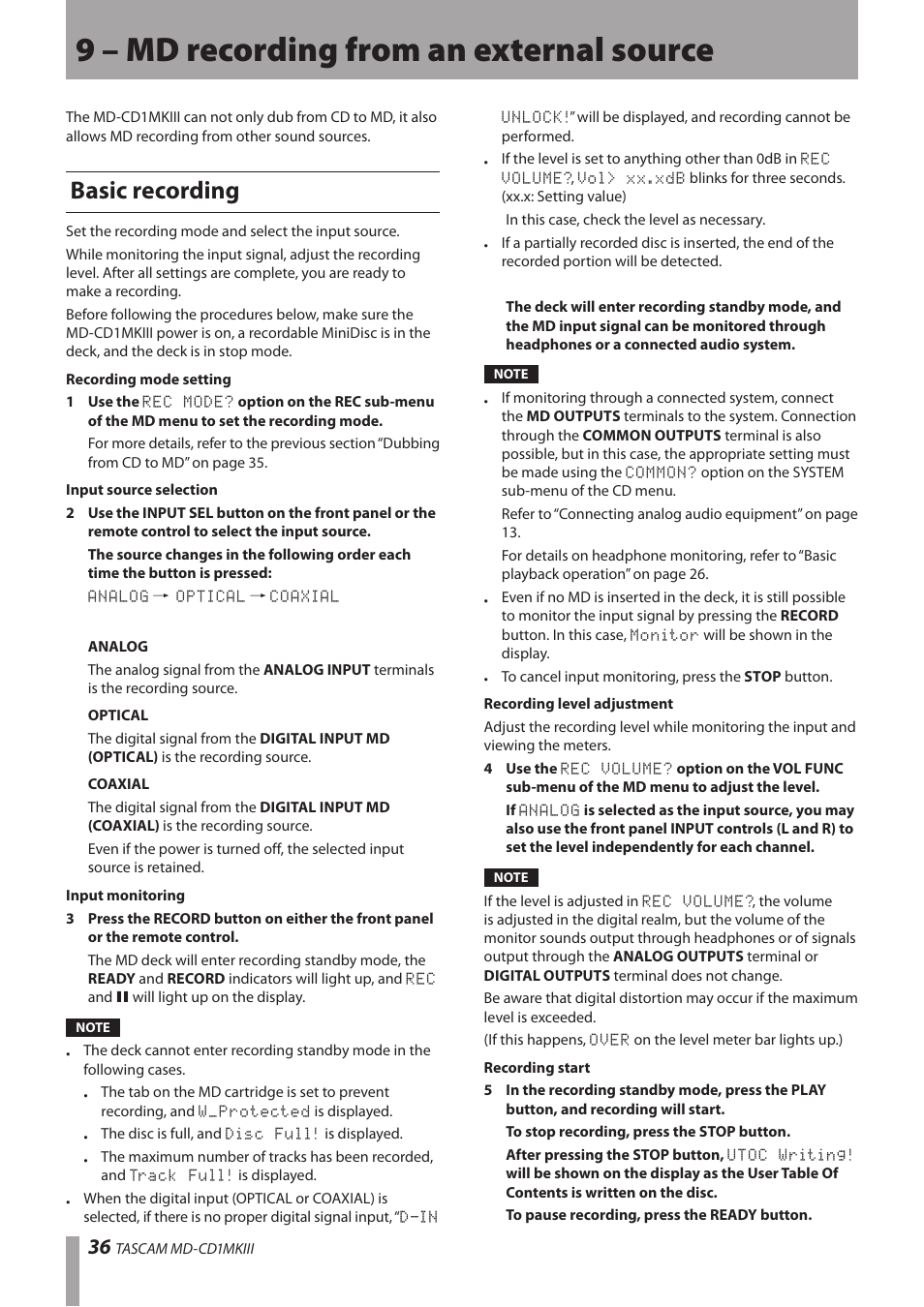 9 – md recording from an external source, Basic recording, 9 – md recording from an external source .36 | Teac MD-CD1MKIII User Manual | Page 36 / 56