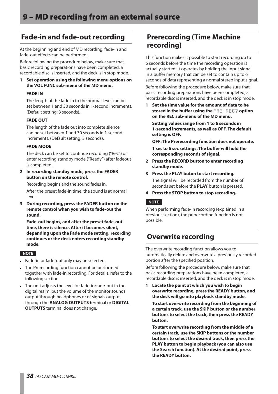 Fade-in and fade-out recording, Prerecording (time machine recording), Overwrite recording | 9 – md recording from an external source | Teac MD-CD1MKIII User Manual | Page 38 / 56