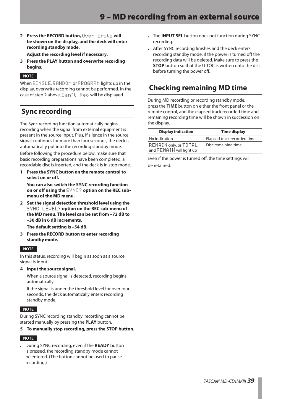 Sync recording, Checking remaining md time, Sync recording checking remaining md time | 9 – md recording from an external source | Teac MD-CD1MKIII User Manual | Page 39 / 56