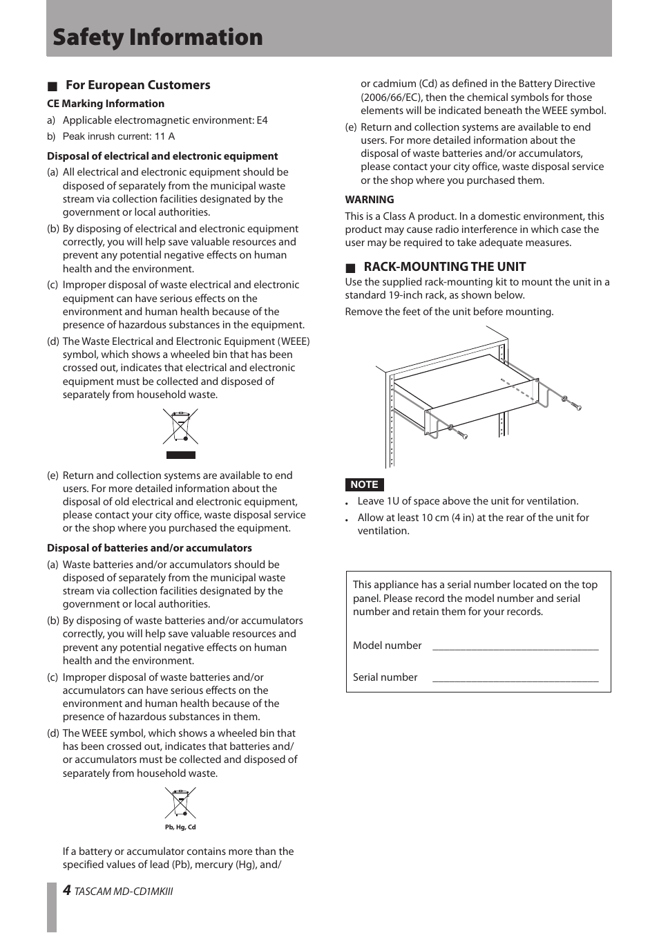 Safety information | Teac MD-CD1MKIII User Manual | Page 4 / 56