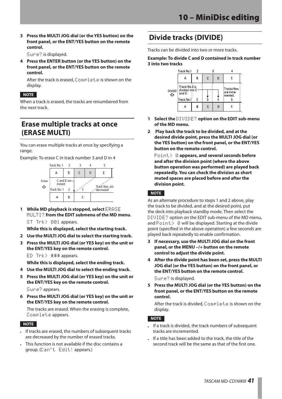 Erase multiple tracks at once (erase multi), Divide tracks (divide), 10 – minidisc editing | Teac MD-CD1MKIII User Manual | Page 41 / 56