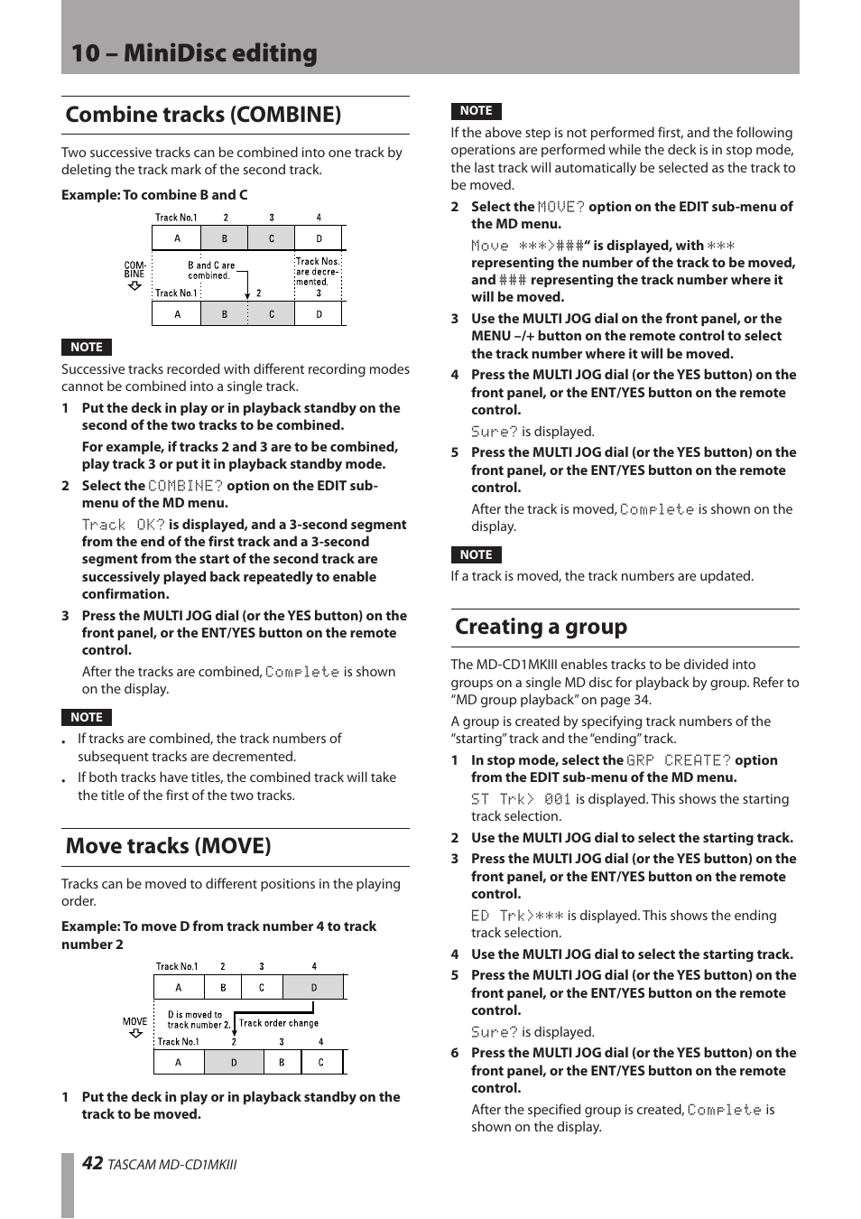 Combine tracks (combine), Move tracks (move), Creating a group | 10 – minidisc editing | Teac MD-CD1MKIII User Manual | Page 42 / 56