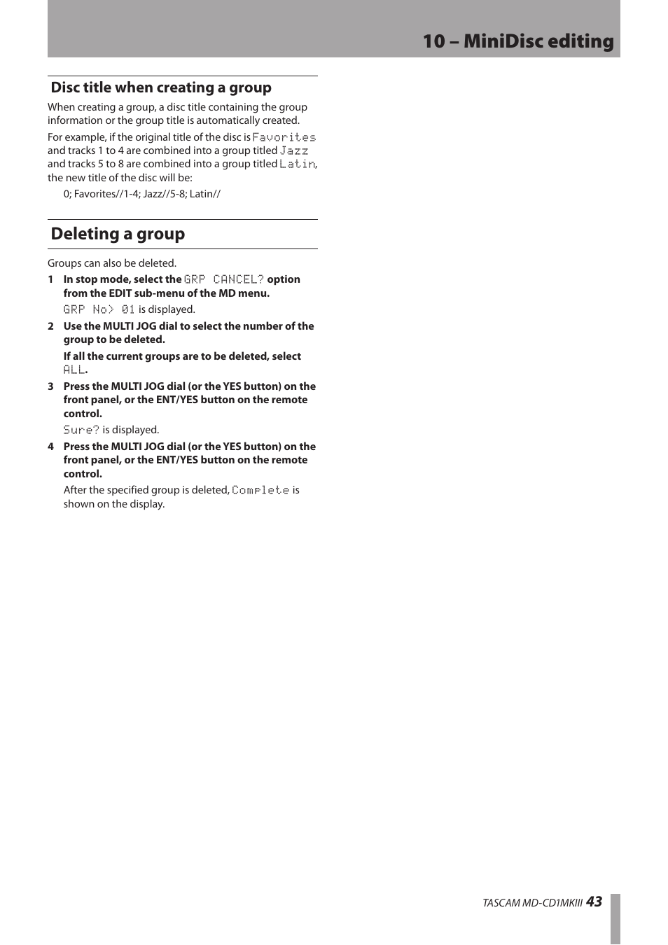 Disc title when creating a group, Deleting a group, 10 – minidisc editing | 43 disc title when creating a group | Teac MD-CD1MKIII User Manual | Page 43 / 56