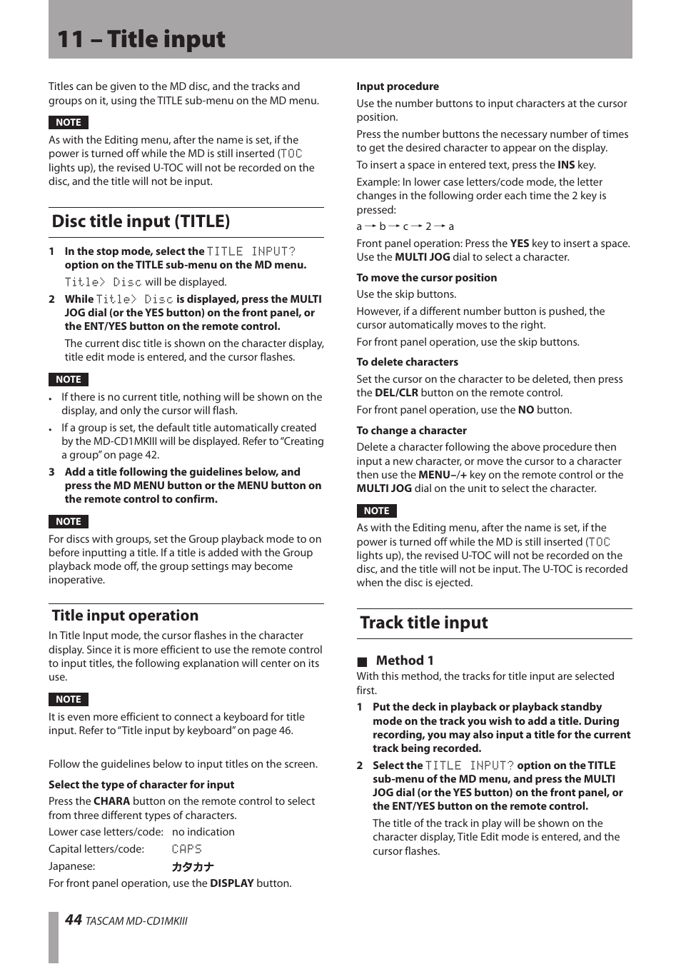 11 – title input, Disc title input (title), Title input operation | Track title input | Teac MD-CD1MKIII User Manual | Page 44 / 56