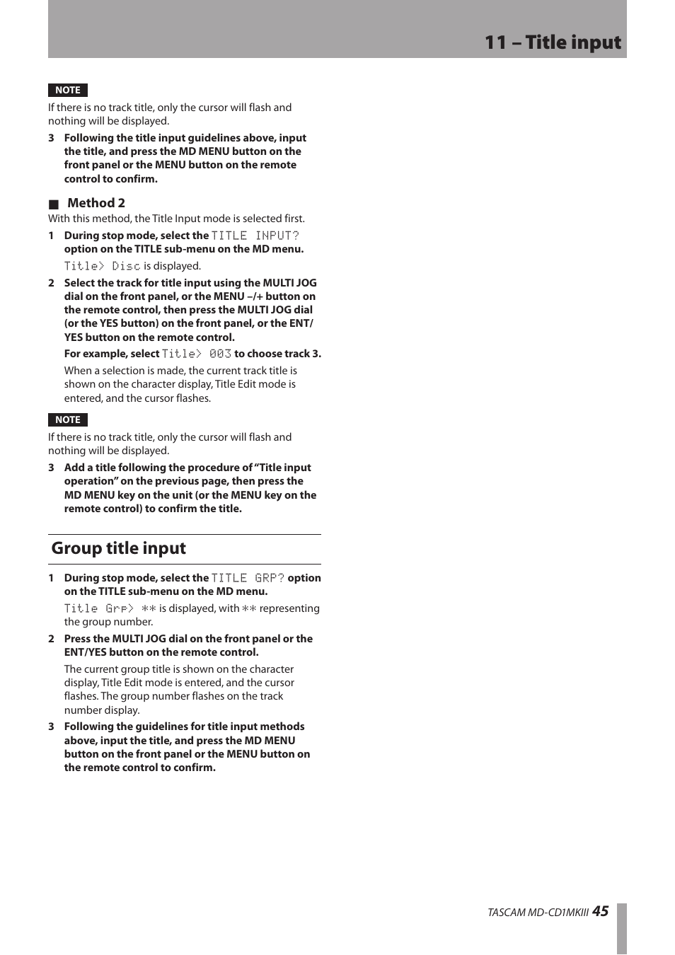 Group title input, 11 – title input | Teac MD-CD1MKIII User Manual | Page 45 / 56