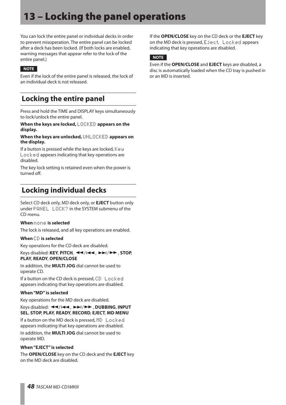 13 – locking the panel operations, Locking the entire panel, Locking individual decks | Locking the entire panel locking individual decks | Teac MD-CD1MKIII User Manual | Page 48 / 56