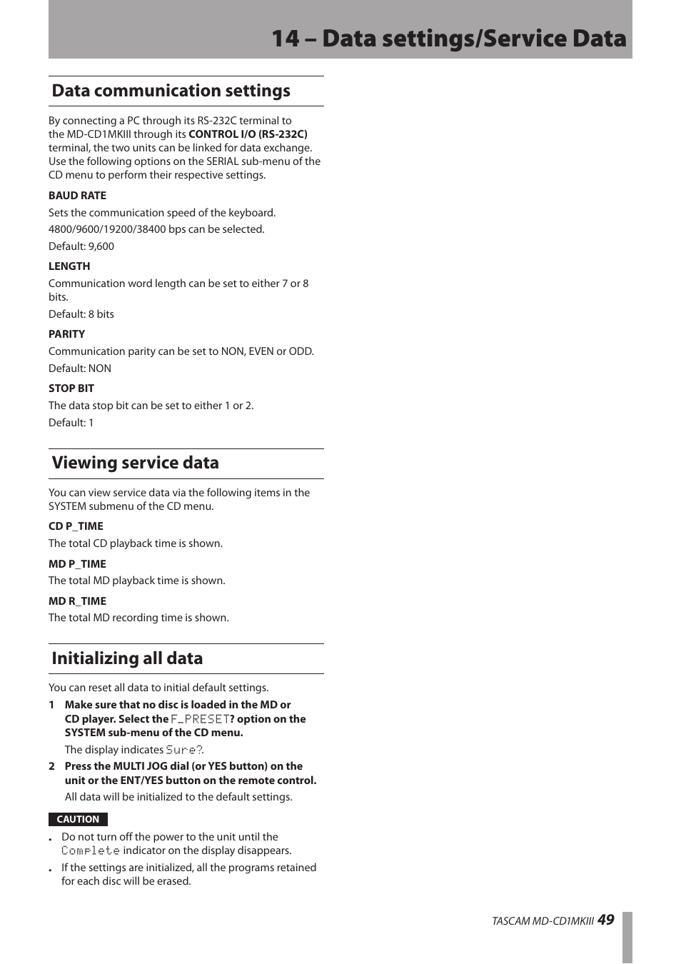 14 – data settings/service data, Data communication settings, Viewing service data | Initializing all data | Teac MD-CD1MKIII User Manual | Page 49 / 56