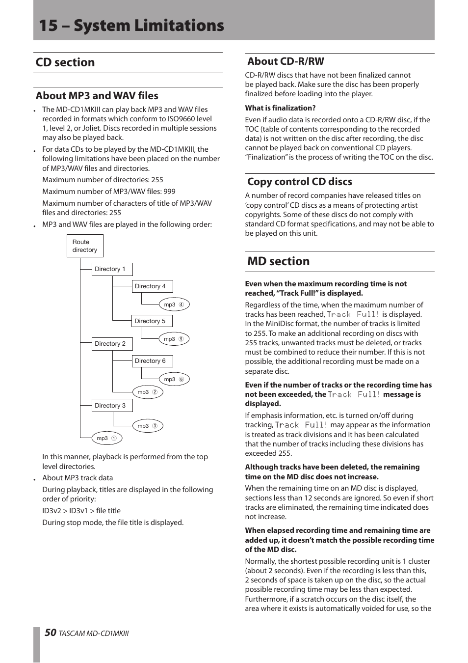 15 – system limitations, Cd section, About mp3 and wav files | About cd-r/rw, Copy control cd discs, Md section, About mp3 and wav files about cd-r/rw | Teac MD-CD1MKIII User Manual | Page 50 / 56