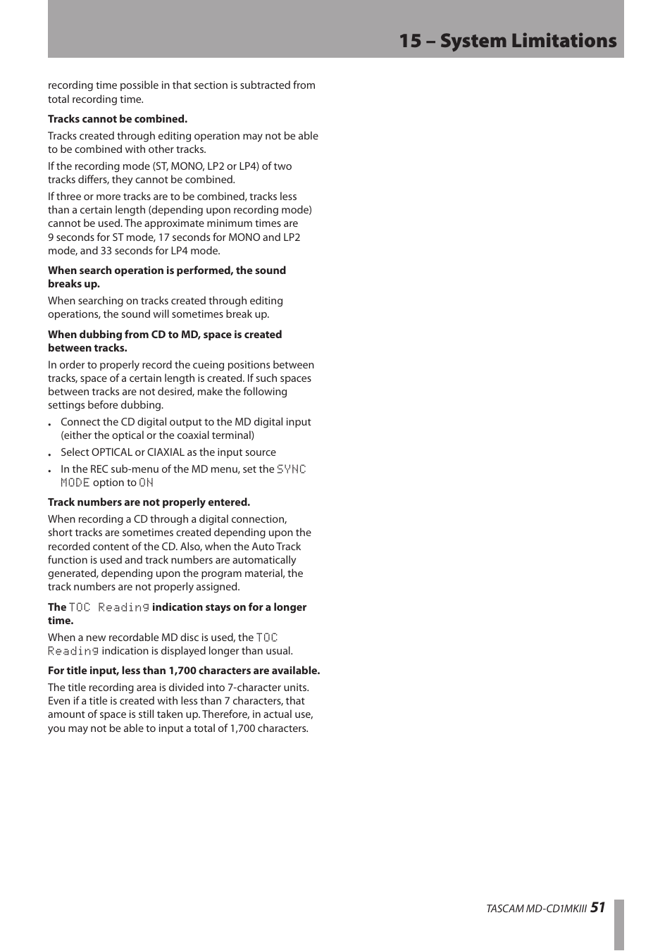 15 – system limitations | Teac MD-CD1MKIII User Manual | Page 51 / 56