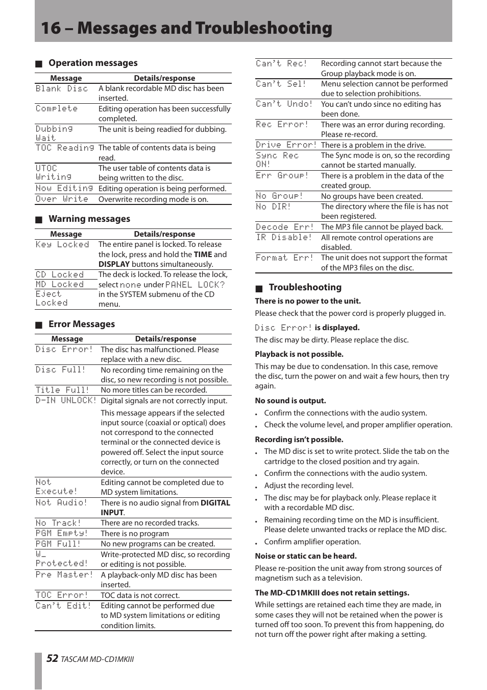 16 – messages and troubleshooting | Teac MD-CD1MKIII User Manual | Page 52 / 56