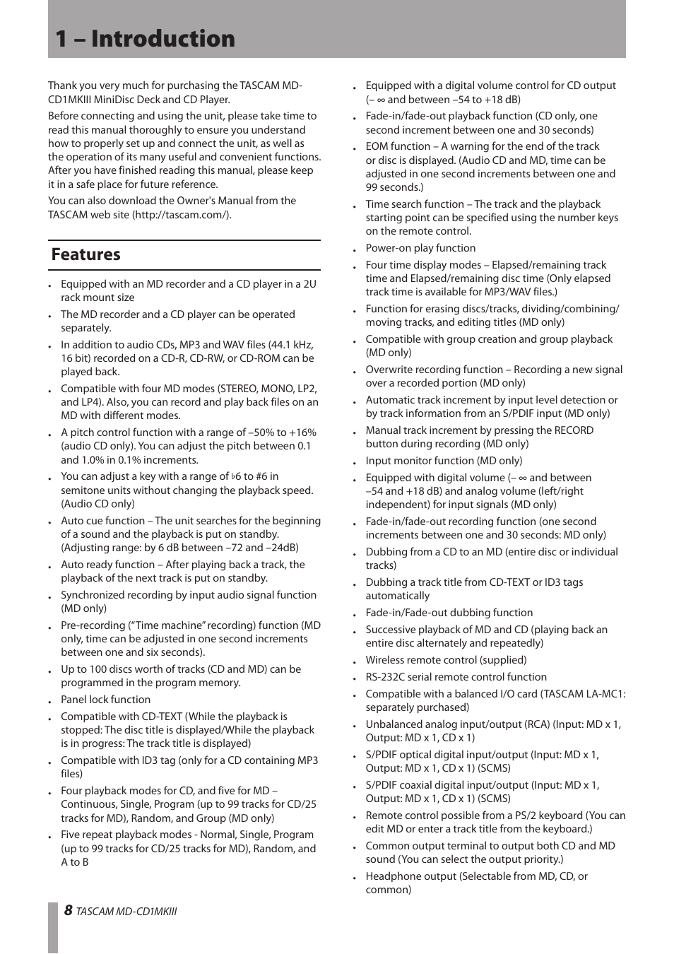 1 – introduction, Features | Teac MD-CD1MKIII User Manual | Page 8 / 56