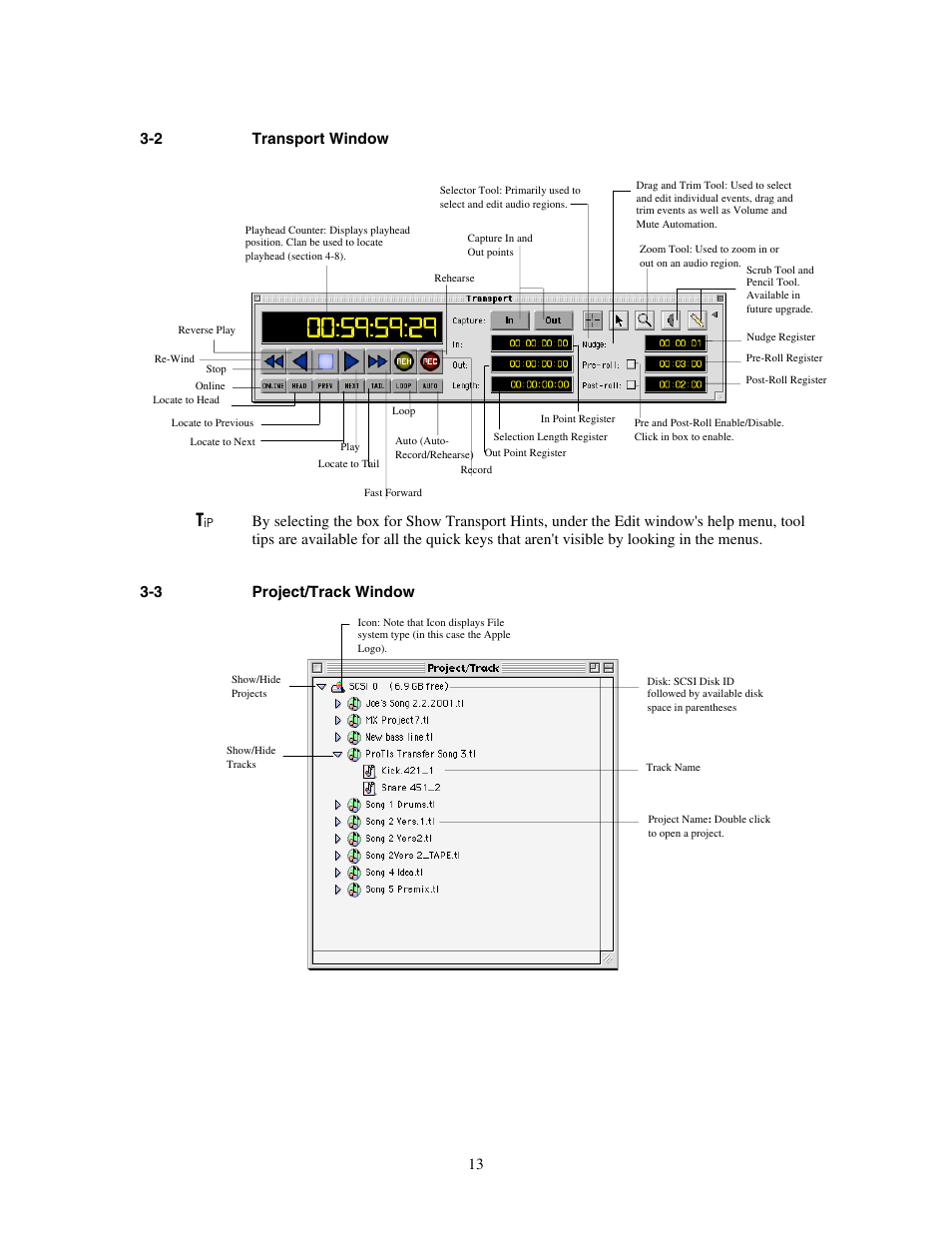 Transport window, Project/track window | Teac MX-View Version 1.0b1 User Manual | Page 13 / 92