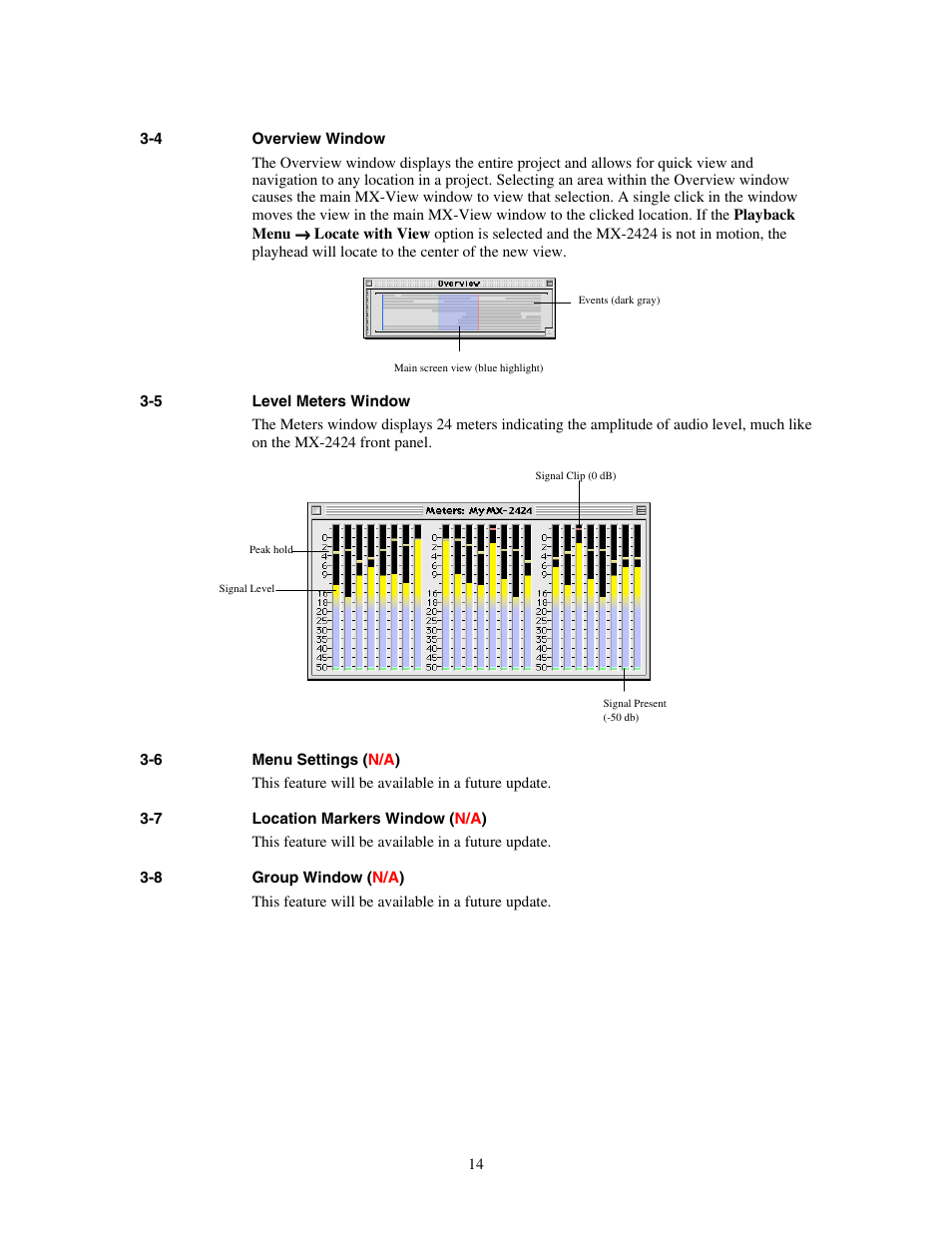 Overview window, Level meters window, Menu settings (n | Location markers window (n, Group window (n | Teac MX-View Version 1.0b1 User Manual | Page 14 / 92