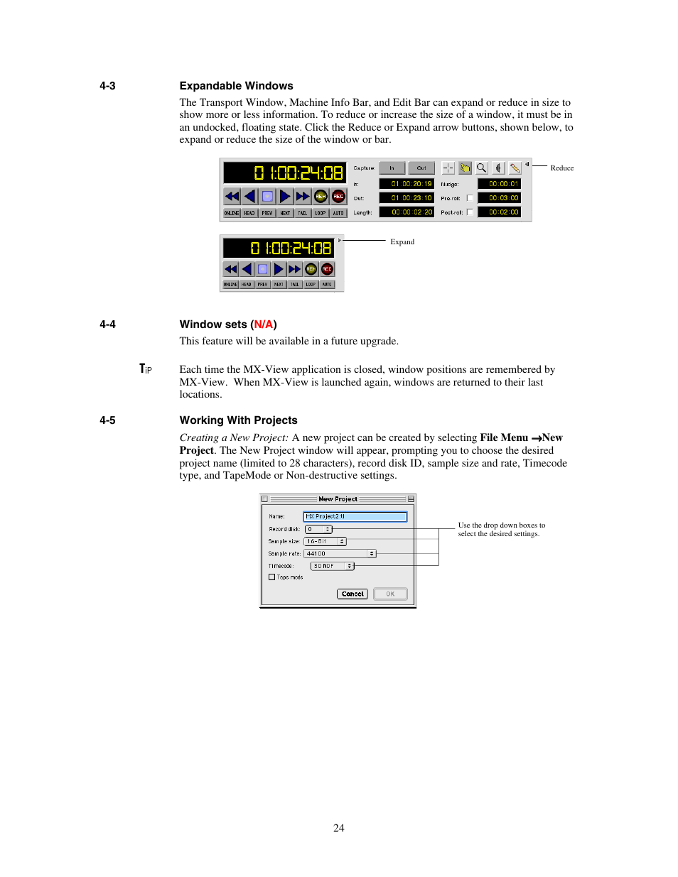 Expandable windows, Window sets (n, Working with projects | Teac MX-View Version 1.0b1 User Manual | Page 24 / 92