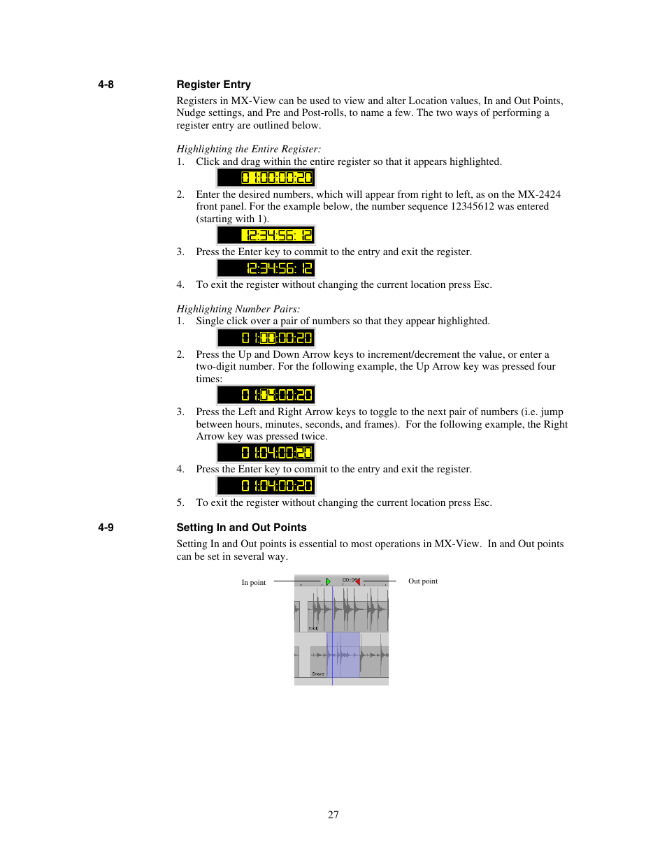 Register entry, Setting in and out points | Teac MX-View Version 1.0b1 User Manual | Page 27 / 92