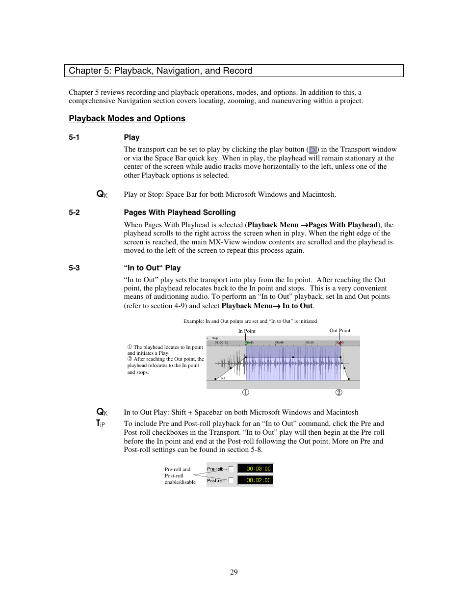Chapter 5: playback, navigation, and record, Play, In to out“ play | Teac MX-View Version 1.0b1 User Manual | Page 29 / 92
