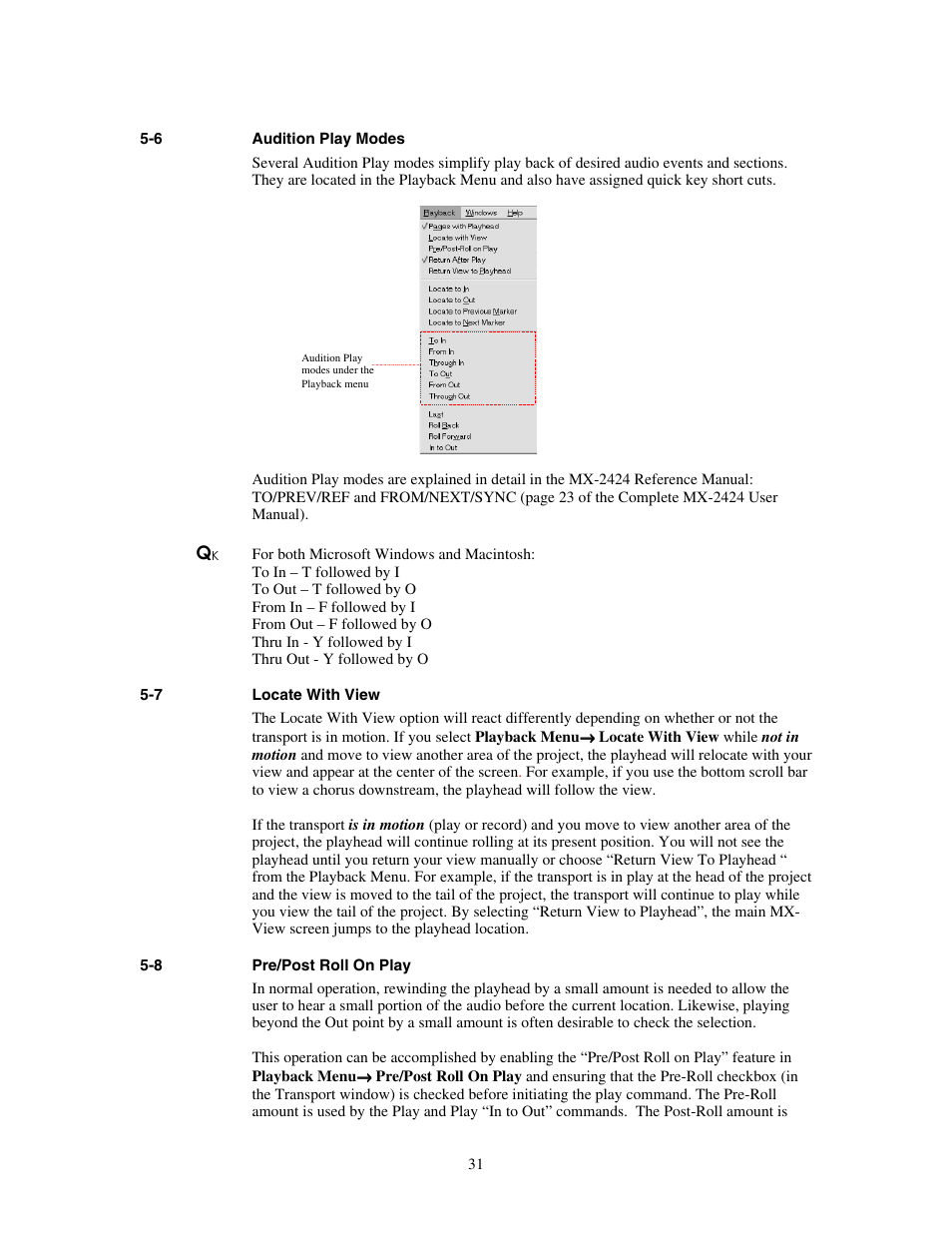 Audition play modes, Locate with view, Pre/post roll on play | Teac MX-View Version 1.0b1 User Manual | Page 31 / 92