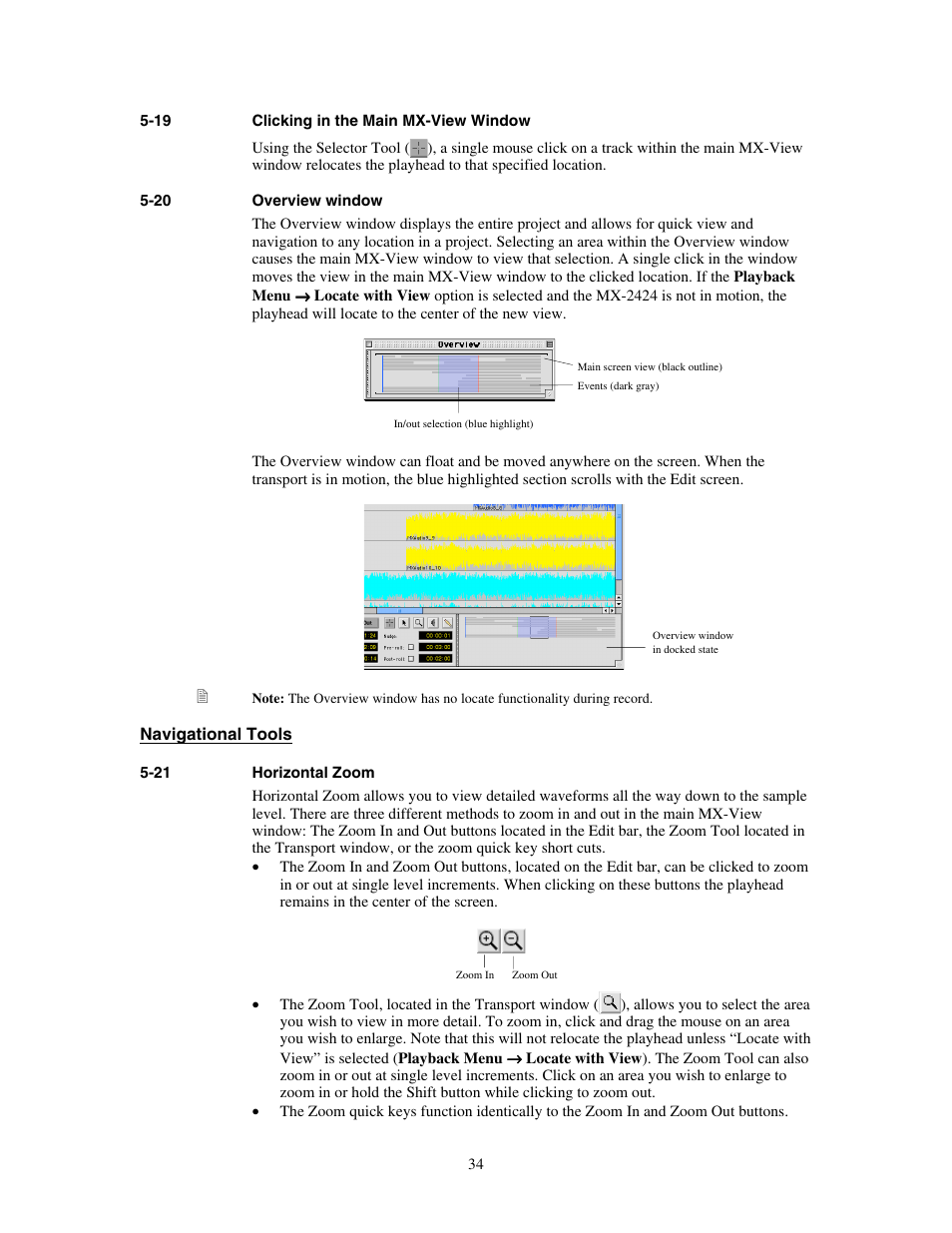 Clicking in the main mx-view window, Overview window, Horizontal zoom | Teac MX-View Version 1.0b1 User Manual | Page 34 / 92