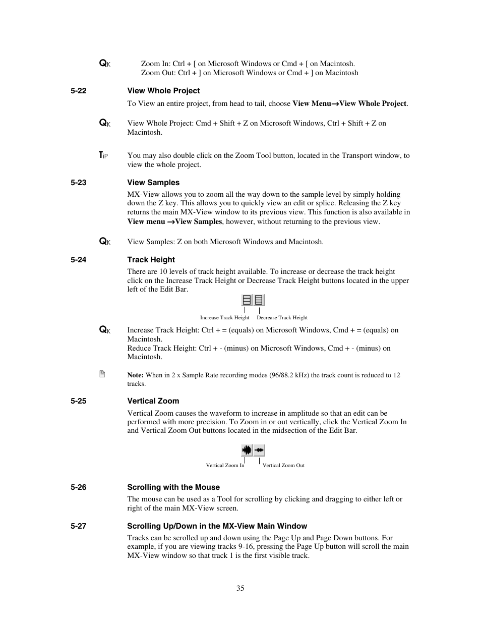 View whole project, View samples, Track height | Vertical zoom, Scrolling with the mouse, Scrolling up/down in the mx-view main window | Teac MX-View Version 1.0b1 User Manual | Page 35 / 92