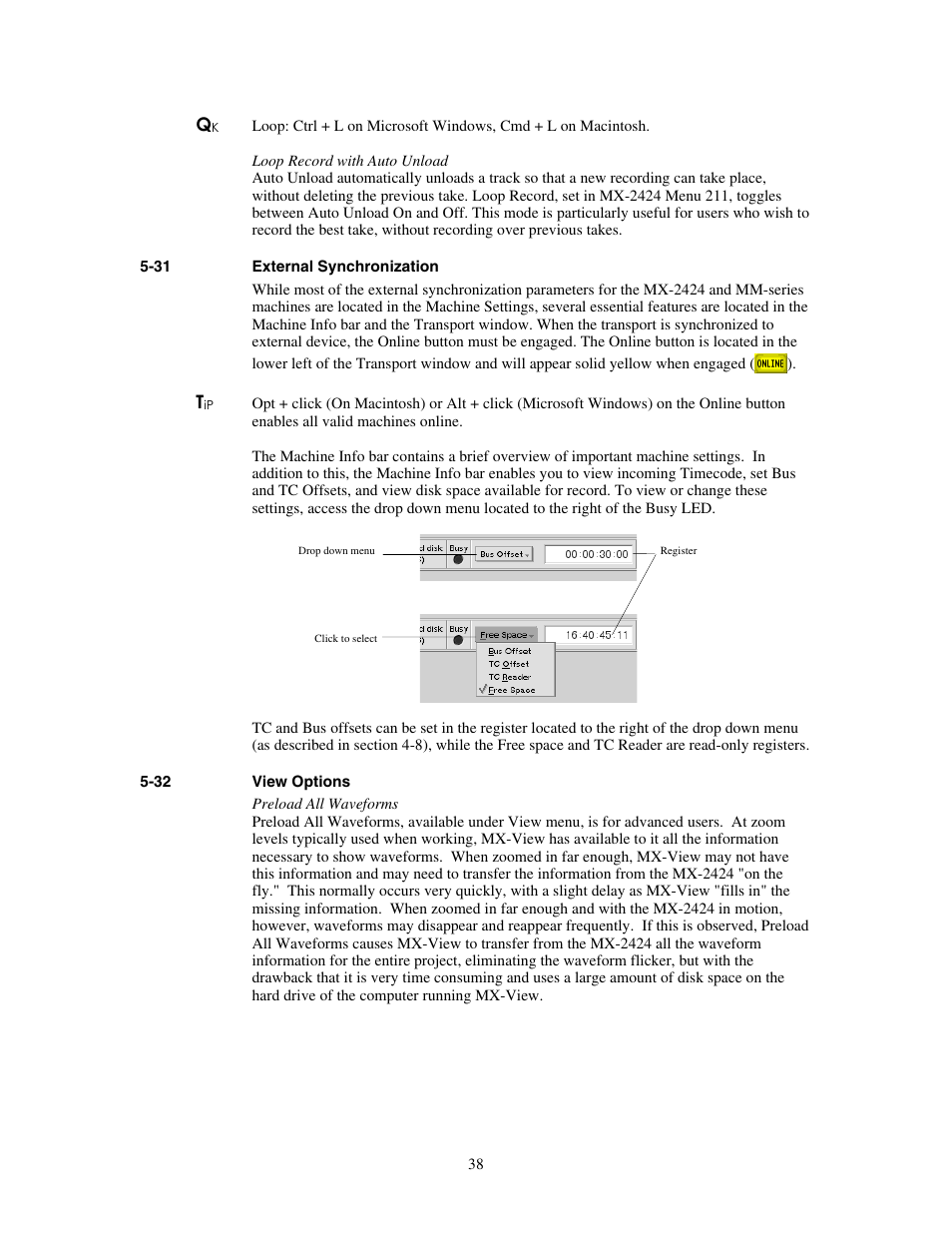 External synchronization, View options | Teac MX-View Version 1.0b1 User Manual | Page 38 / 92